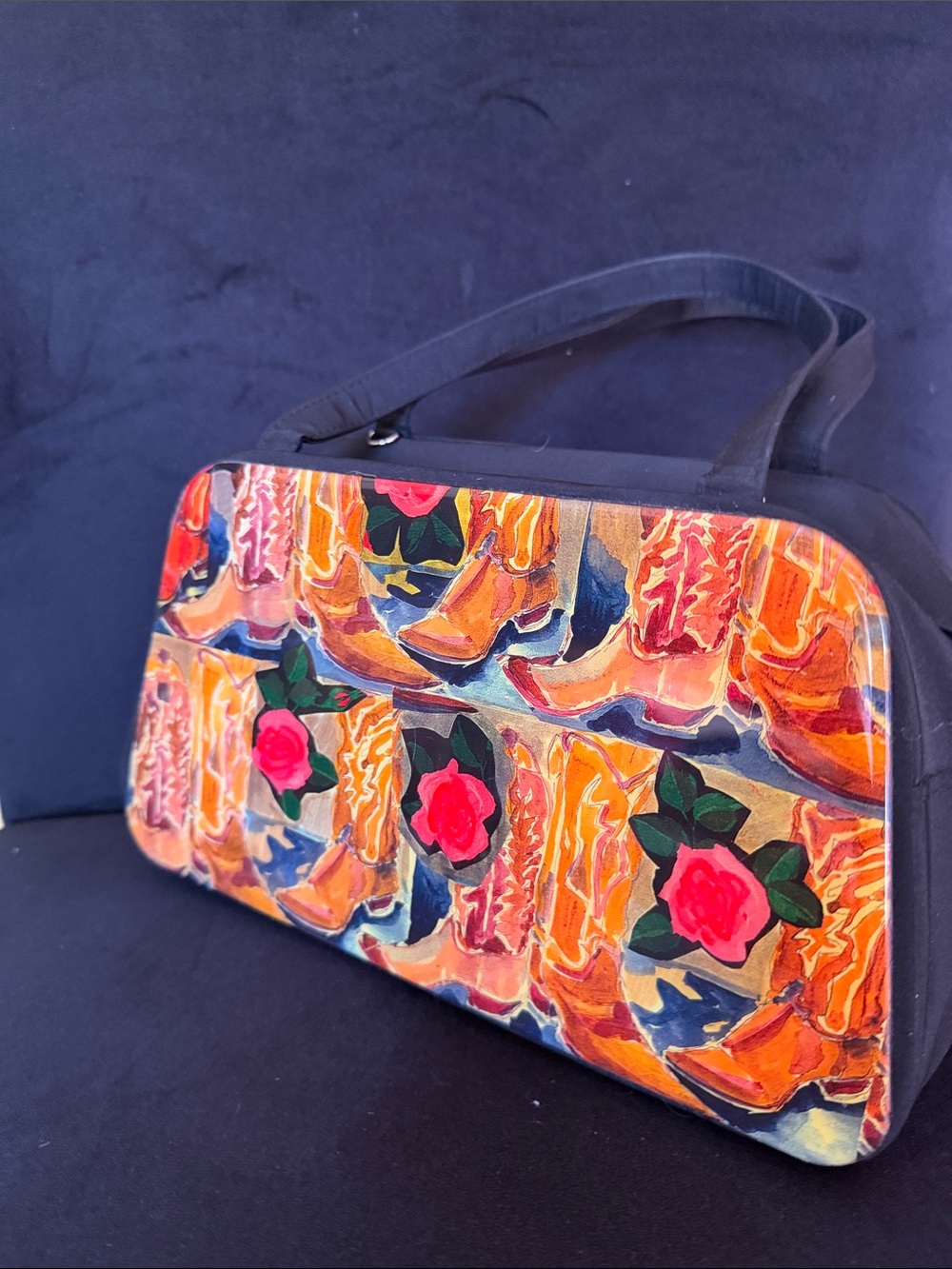 Hand-Painted Mini Shoulder Bag in Black with Orange & Pink Boot Motif